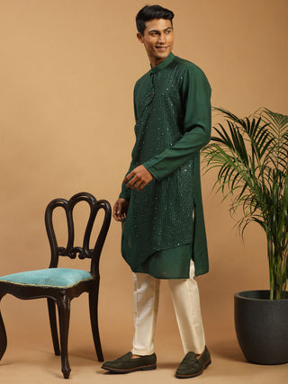 VASTRAMAY Men's Green Sequined Layered Kurta With Cream Pant Style Pyjama Set