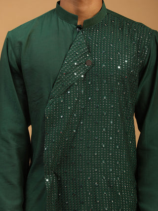 VASTRAMAY Men's Green Sequined Layered Kurta With Cream Pant Style Pyjama Set