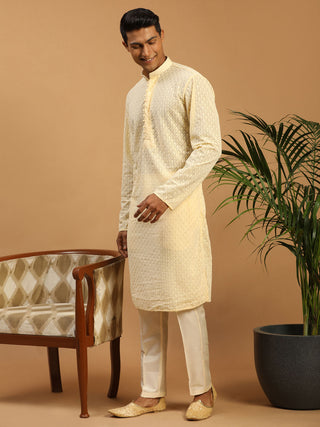 SHRESTHA By VASTRAMAY Men's Cream Embroidery Worked Georgette Kurta With Pant Style Pyjama Set