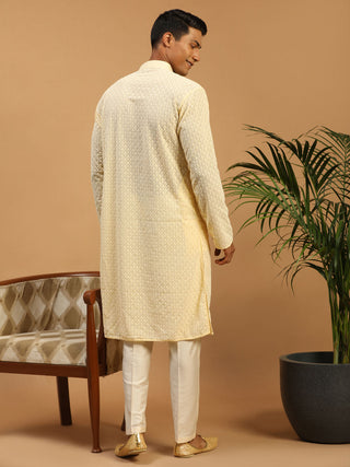 SHRESTHA By VASTRAMAY Men's Cream Embroidery Worked Georgette Kurta With Pant Style Pyjama Set