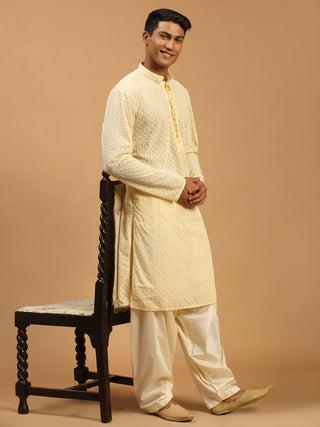SHRESTHA By VASTRAMAY Men's Cream Embroidery Worked Georgette Kurta With Cream Patiala Set