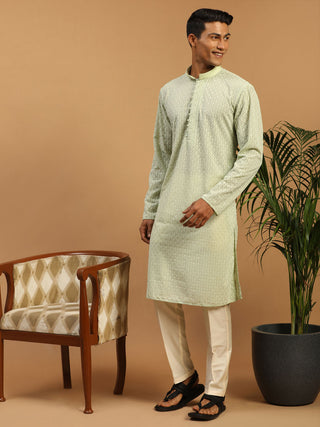 SHRESTHA By VASTRAMAY Men's Green Embroidery  Worked Georgette Kurta With Pant Style Pyjama Set