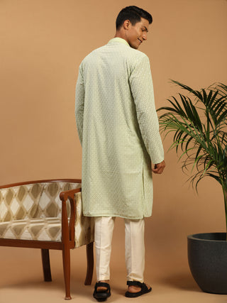SHRESTHA By VASTRAMAY Men's Green Embroidery  Worked Georgette Kurta With Pant Style Pyjama Set