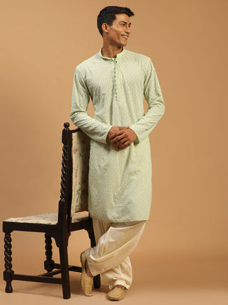 SHRESTHA By VASTRAMAY Men's Green Embroidery Worked Georgette Kurta With Cream Patiala Set
