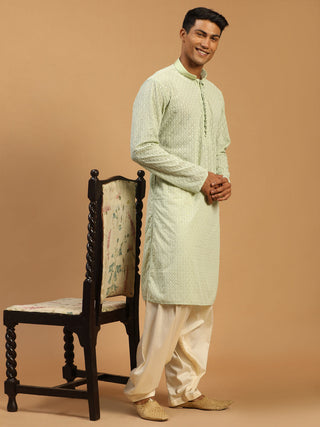 SHRESTHA By VASTRAMAY Men's Green Embroidery Worked Georgette Kurta With Cream Patiala Set