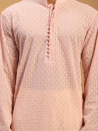 SHRESTHA By VASTRAMAY Men's Pink Embroidery Worked Georgette Kurta