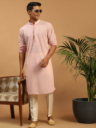 SHRESTHA By VASTRAMAY Men's Pink Embroidery Worked Georgette Kurta With Cream Pant Style Pyjama set