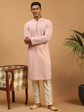 SHRESTHA By VASTRAMAY Men's Pink Embroidery Worked Georgette Kurta With Cream Pant Style Pyjama set
