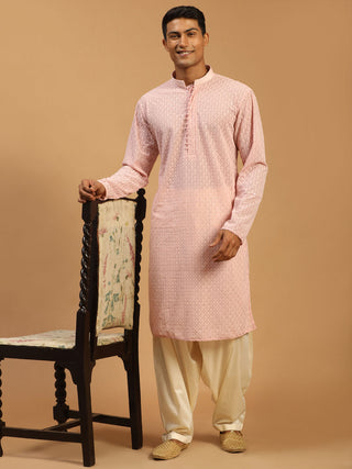 SHRESTHA By VASTRAMAY Men's Pink Embroidery Worked Georgette Kurta With Cream Patiala Set
