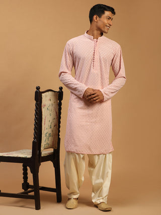 SHRESTHA By VASTRAMAY Men's Pink Embroidery Worked Georgette Kurta With Cream Patiala Set