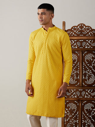 SHRESTHA By VASTRAMAY Men's Yellow Embroidery Worked Georgette Kurta