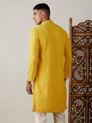 SHRESTHA By VASTRAMAY Men's Yellow Embroidery Worked Georgette Kurta