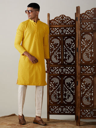 SHRESTHA By VASTRAMAY Men's Yellow Embroidery Worked Georgette Kurta With Pant Style Pyjama Set