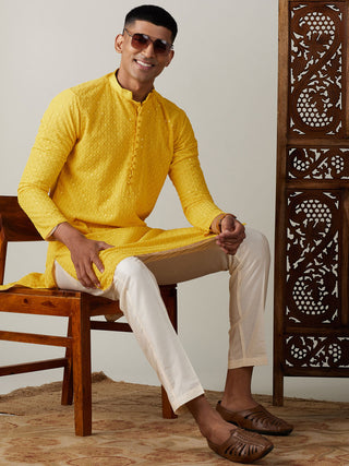 SHRESTHA By VASTRAMAY Men's Yellow Embroidery Worked Georgette Kurta With Pant Style Pyjama Set