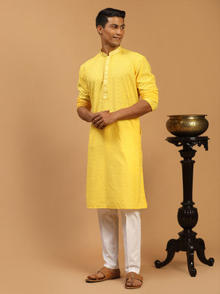 SHRESTHA By VASTRAMAY Men's Yellow Embroidered Pure Cotton Kurta With White Pant Style Pyjama Set