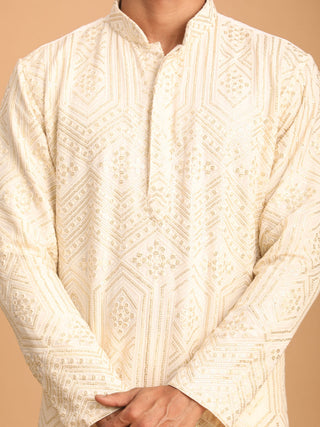 SHRESTHA By VASTRAMAY Men's Cream Golden Sequin Embroidered Kurta And Cream Pant Set