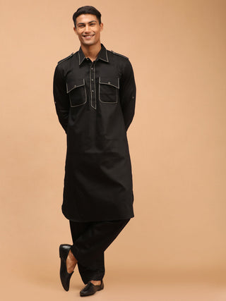 SHRESTHA BY VASTRAMAY Men's Black Cotton Blend Pathani Suit Set