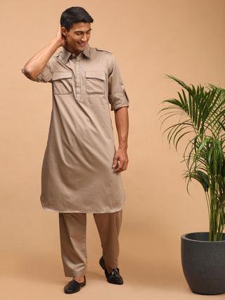 Vastramay Men's Chiku Brown Cotton Blend Pathani Suit Set