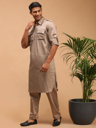 Vastramay Men's Chiku Brown Cotton Blend Pathani Suit Set