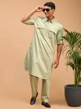 Vastramay Men's Light Green Cotton Blend Pathani Suit Set