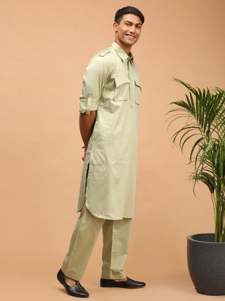 Vastramay Men's Light Green Cotton Blend Pathani Suit Set