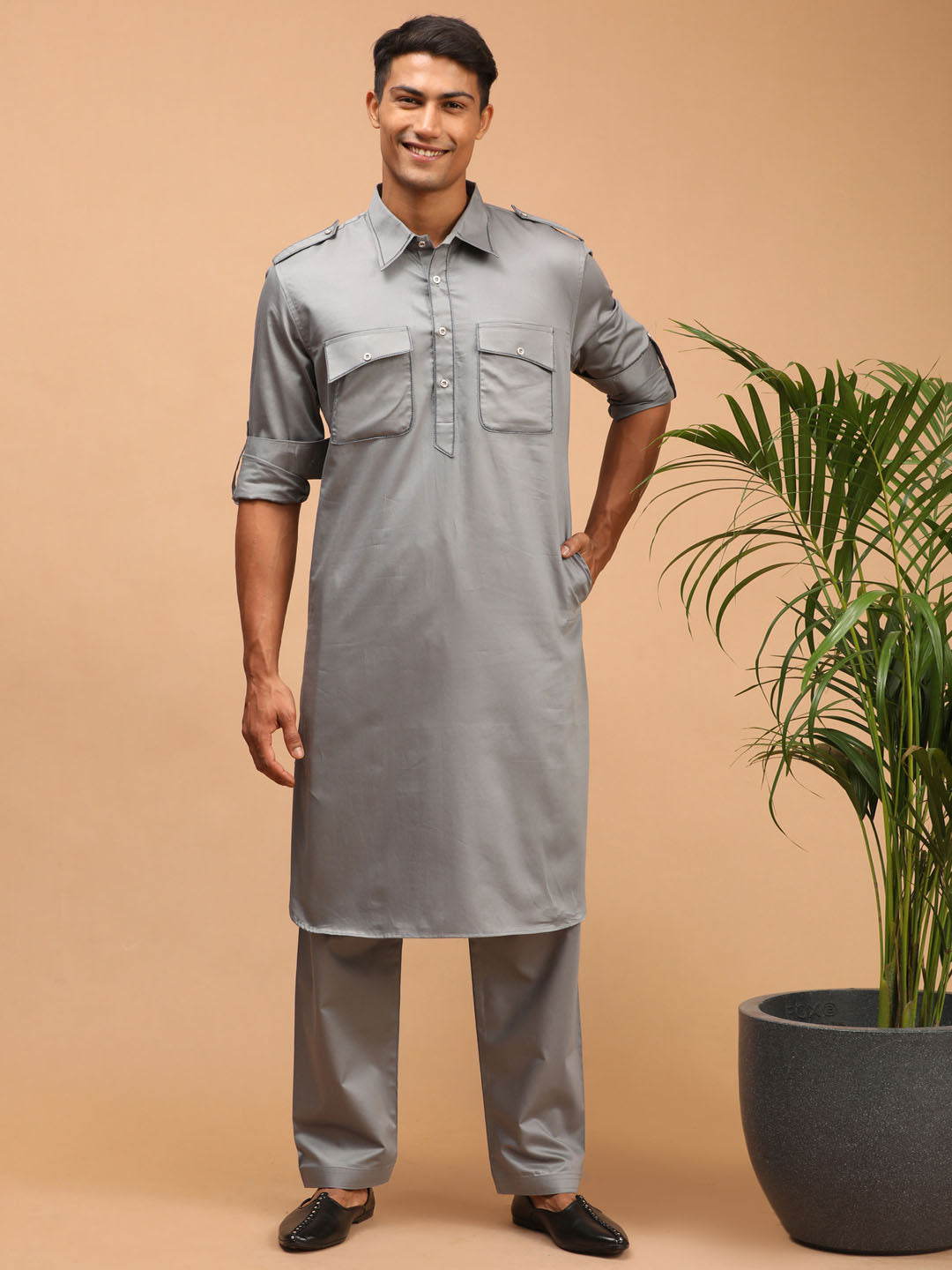 SHRESTHA BY VASTRAMAY Men's Grey Cotton Blend Pathani Suit Set ...
