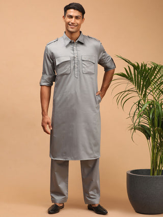 Vastramay Men's Grey Cotton Blend Pathani Suit Set