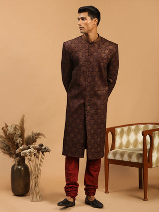 SHRESTHA By VASTRAMAY Men's Maroon Jaccard Sherwani With Maroon Pyjama Set
