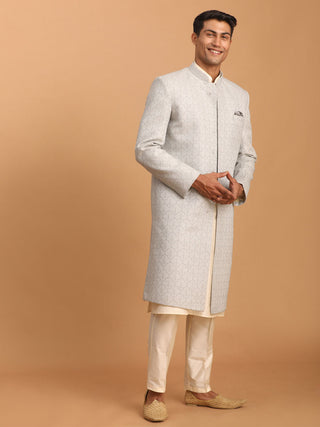 SHRESTHA By VASTRAMAY Men's Grey Jaccard Sherwani With Cream Kurta Pant Set