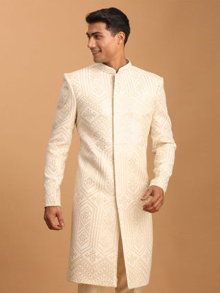 SHRESTHA By VASTRAMAY Men's Cream Golden Sequins Embroidered Sherwani Only Top