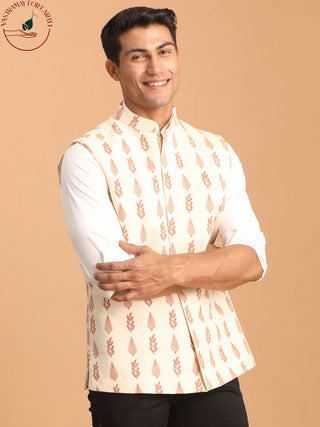 SHVAAS By VASTRAMAY Men's Cream Leaf Printed Pure Cotton Nehru Jacket