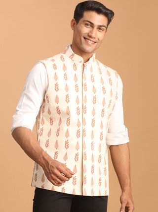 SHVAAS By VASTRAMAY Men's Cream Leaf Printed Pure Cotton Nehru Jacket