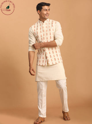 VASTRAMAY Men's Cream Leaf Printed Pure Cotton Nehru Jacket With Short Kurta And Pant Set