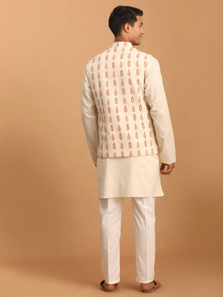 SHVAAS By VASTRAMAY Men's Cream Leaf Printed Pure Cotton Nehru Jacket With Short Kurta And Pant Set