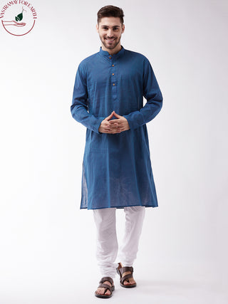 SHVAAS by VASTRAMAY Men's Blue Cotton Handloom Kurta With White Pyjama Set