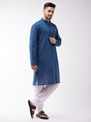 SHVAAS by VASTRAMAY Men's Blue Cotton Handloom Kurta With White Pyjama Set