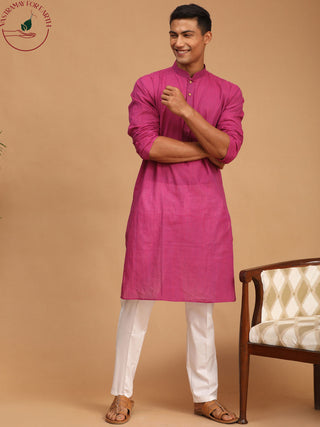 SHVAAS by VASTRAMAY Men's Purple Cotton Handloom Kurta With White Pant Set