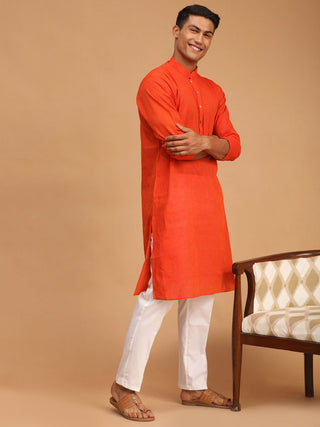 SHVAAS by VASTRAMAY Men's Red Cotton Handloom Kurta With White Cotton Pant Set