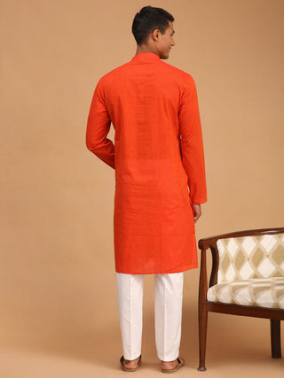 SHVAAS by VASTRAMAY Men's Red Cotton Handloom Kurta With White Cotton Pant Set