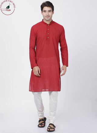 SHVAAS by VASTRAMAY Men's Red Cotton Handloom Kurta With Pyjama Set