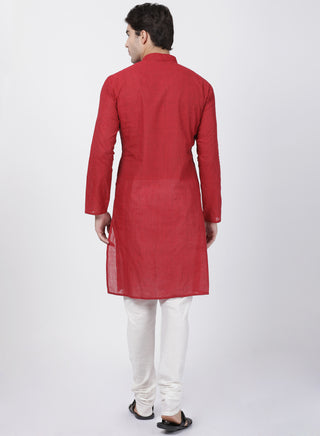 SHVAAS by VASTRAMAY Men's Red Cotton Handloom Kurta With Pyjama Set