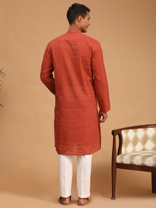 SHVAAS by VASTRAMAY Men's Rust Cotton Handloom Kurta With White Pant Set