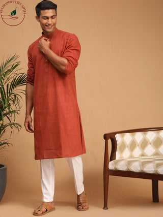 SHVAAS by VASTRAMAY Men's Rust Cotton Handloom Kurta With White Cotton Pant Set
