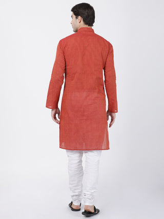 SHVAAS by VASTRAMAY Men's Rust Cotton Handloom Kurta With Pyjama Set