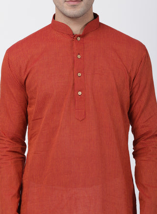 SHVAAS by VASTRAMAY Men's Rust Cotton Handloom Kurta With Pyjama Set