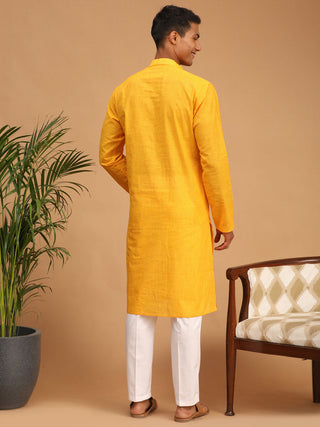 SHVAAS by VASTRAMAY Men's Yellow Cotton Handloom Kurta With White Pant Set