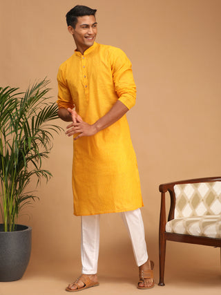 SHVAAS by VASTRAMAY Men's Yellow Cotton Handloom Kurta With White Pant Set