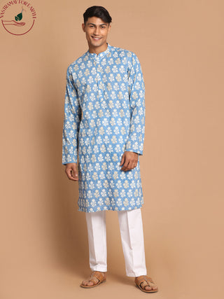Vastramay Men's Blue Floral Printed Sequined Pure Cotton Kurta With Pajama Set
