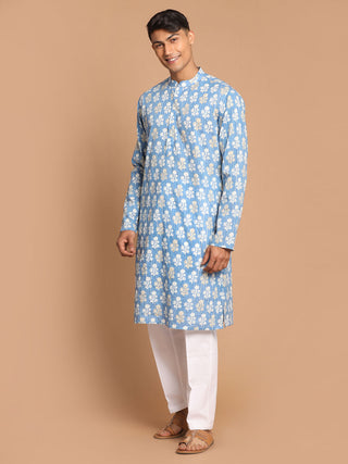 SHVAAS by VASTRAMAY Men's Blue Floral Printed Sequined Pure Cotton Kurta With Pajama Set