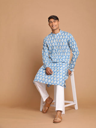 Vastramay Men's Blue Floral Printed Sequined Pure Cotton Kurta With Pajama Set